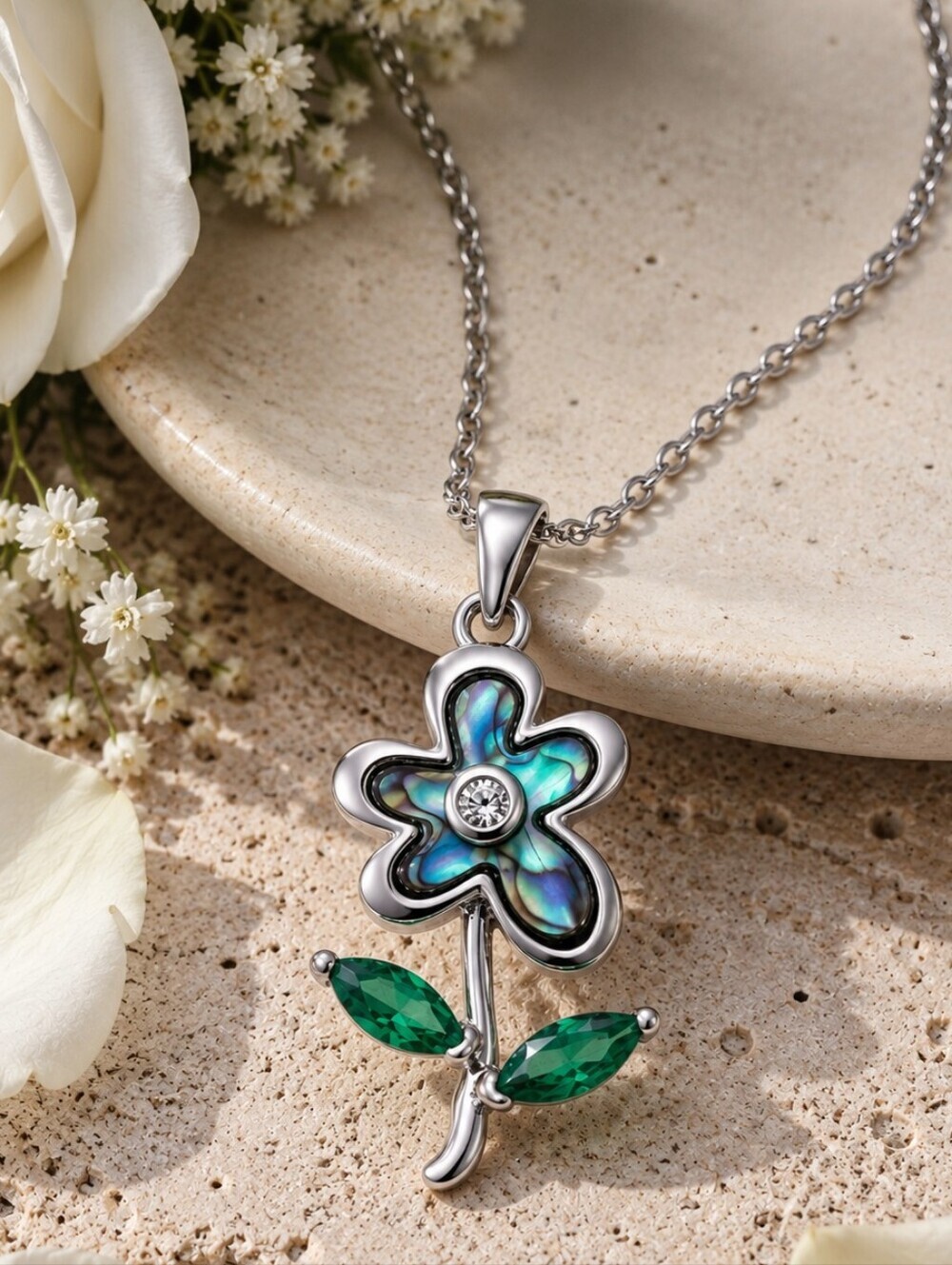 Abalone Shell Flower Necklace Silver Tone Green CZ Leaf Pendant Adj 15.5-17.5"